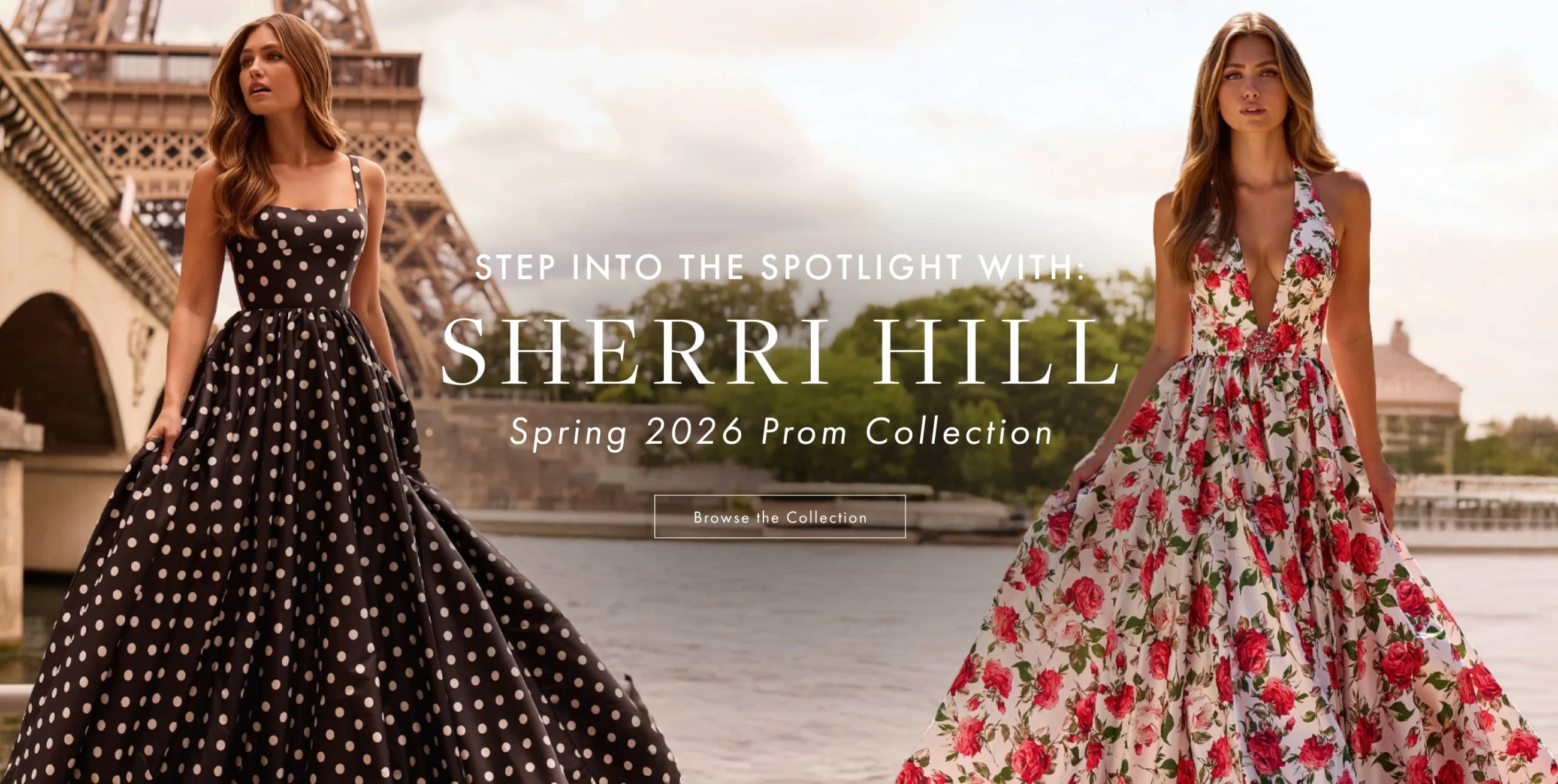 Models wearing Sherri Hill Prom dresses, desktop banner